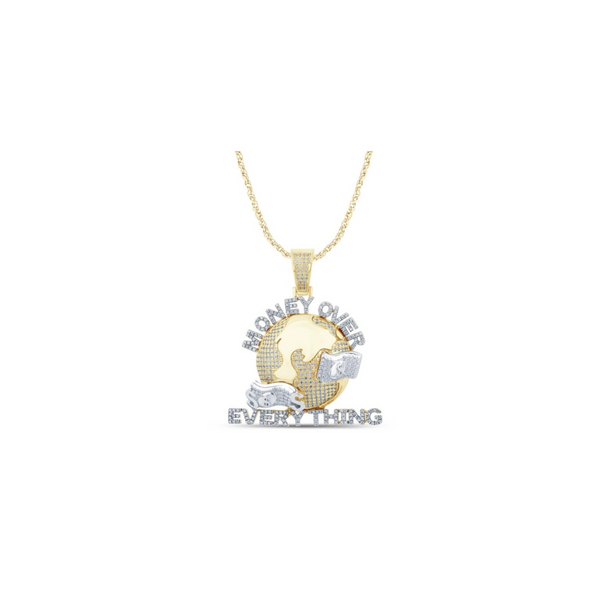 10K yellow gold diamond pendant with 'Money Over Everything' design and 1.25 carat diamonds