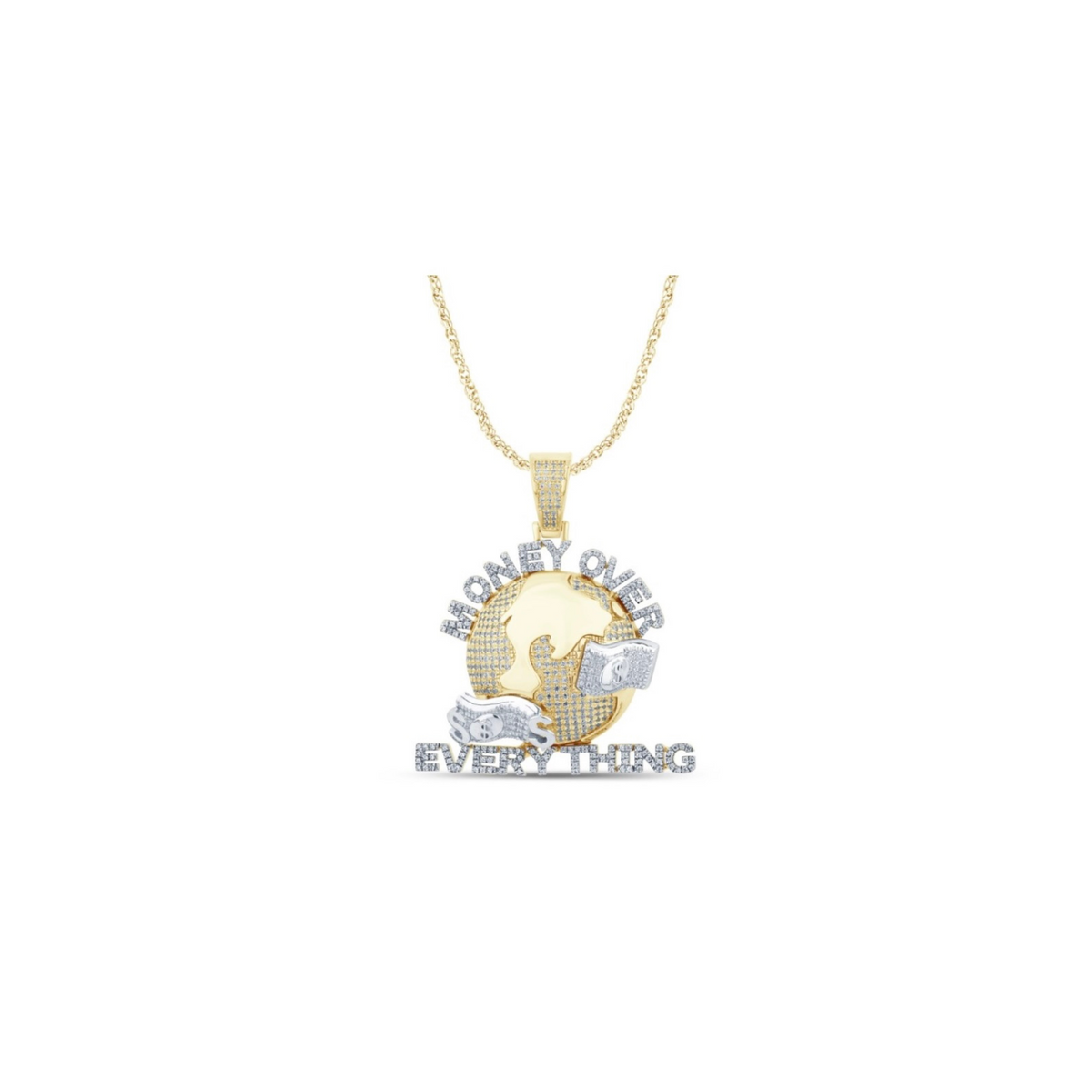 10K yellow gold diamond pendant with 'Money Over Everything' design and 1.25 carat diamonds