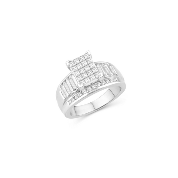 10K white gold ladies diamond ring with baguette and round cluster, 1 carat total weight