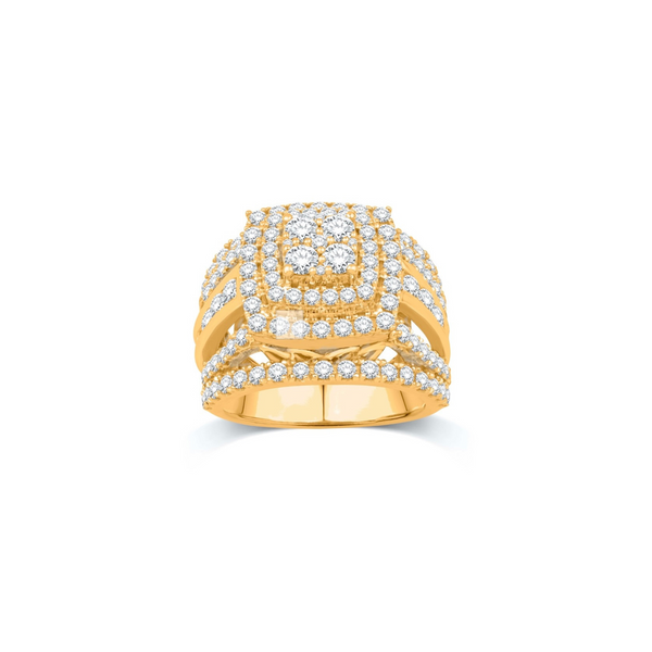 10K yellow gold cushion-shaped diamond cluster ring for women featuring 2.96 carats total weight of diamonds