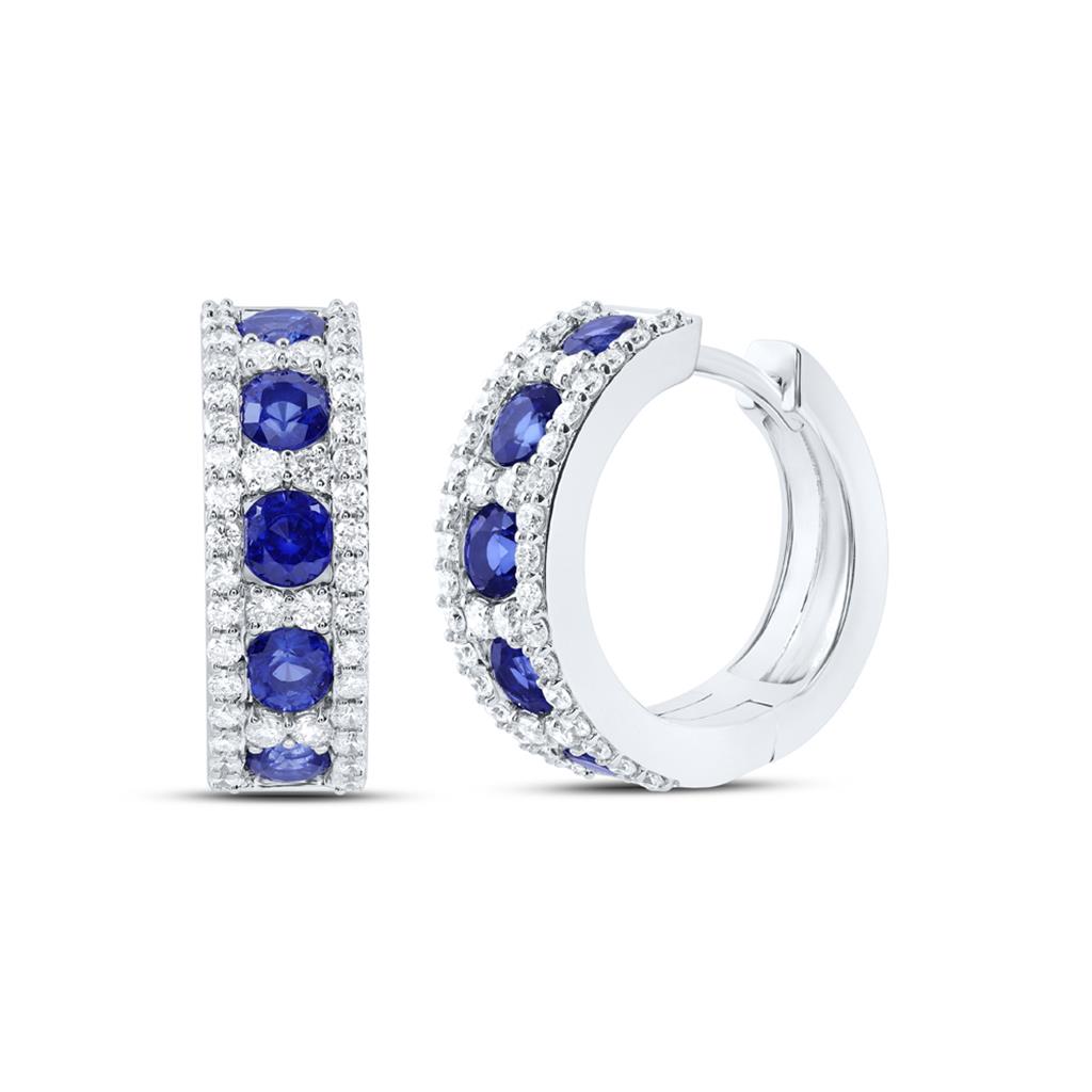 Diamond & Blue Sapphire Hoop Earrings in 14K White Gold
