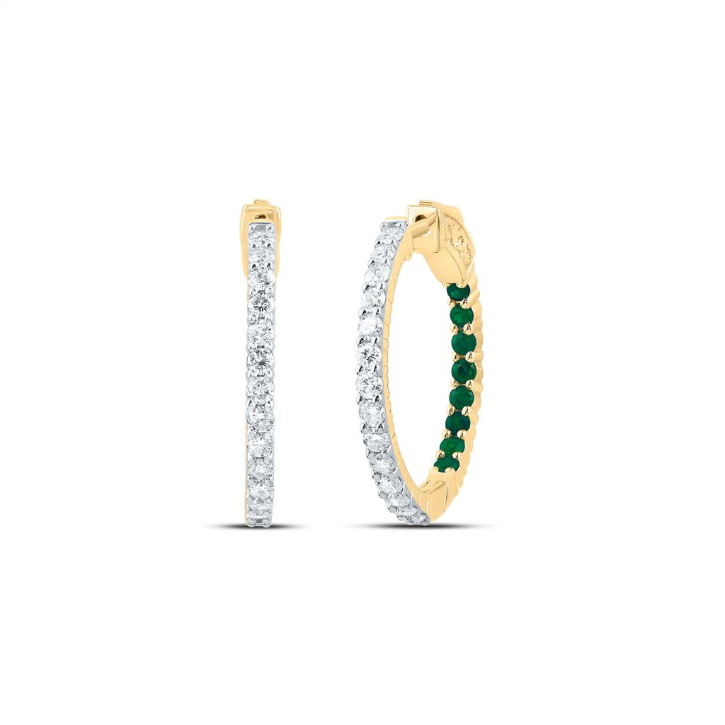 Diamond & Emerald Hoop Earrings, 14K Yellow Gold