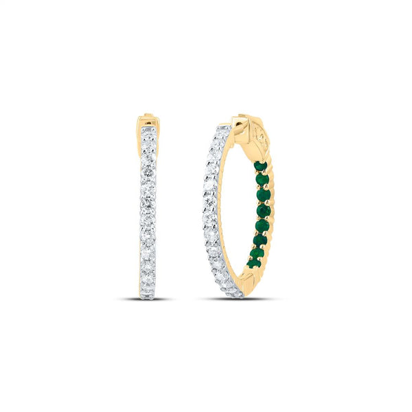 Diamond & Emerald Hoop Earrings, 14K Yellow Gold