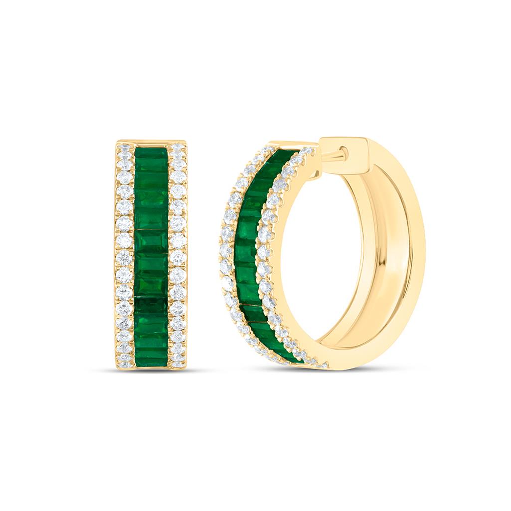 3/4 ct Diamond & Emerald Baguette Hoop Earrings, 14K