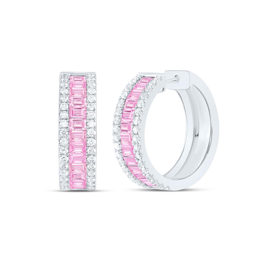 Diamond & Pink Sapphire Baguette Hoop Earrings, 14K Gold