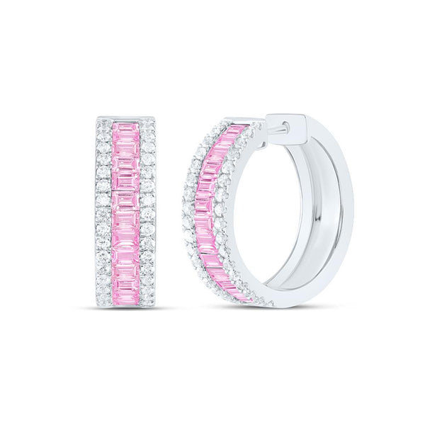 Diamond & Pink Sapphire Baguette Hoop Earrings, 14K Gold
