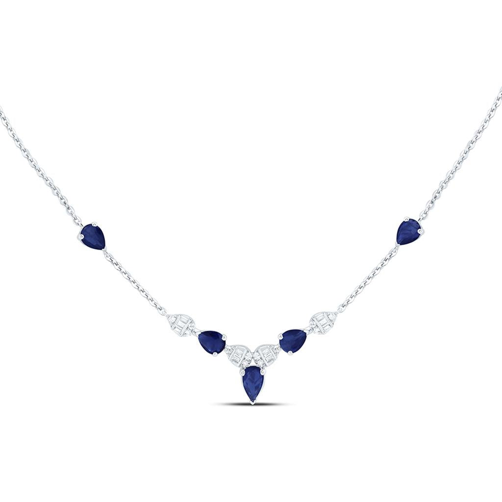 Diamond & Blue Sapphire Pear Necklace, 18 Inch 14K Gold